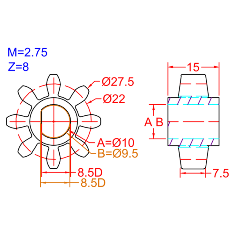 8T 22 Spur gear Dimensions