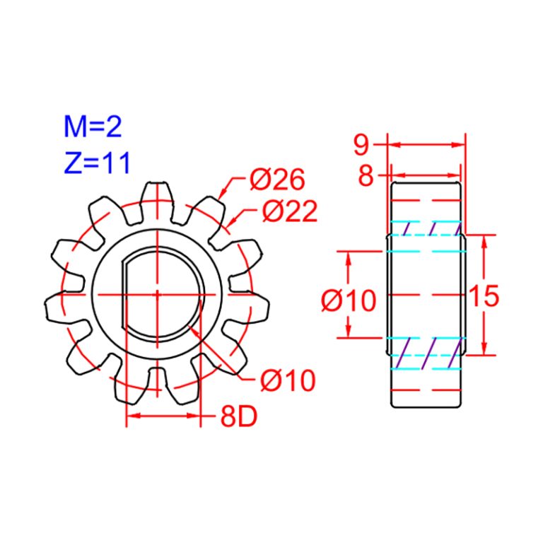 11T 22 Spur gear dimensions