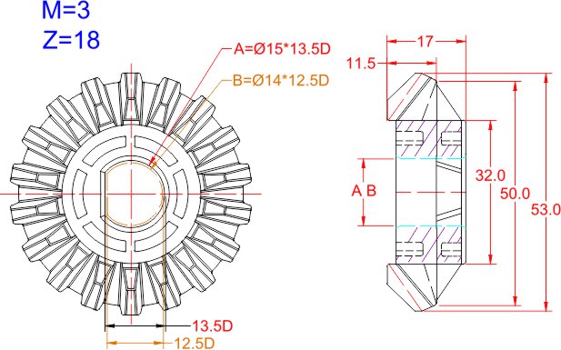 Bevel gear drawing with module, tooth count and bore dimensions for custom PCB equipment gears
