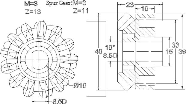 Qixingyuan double-gear drawing showing tooth and bore interfaces